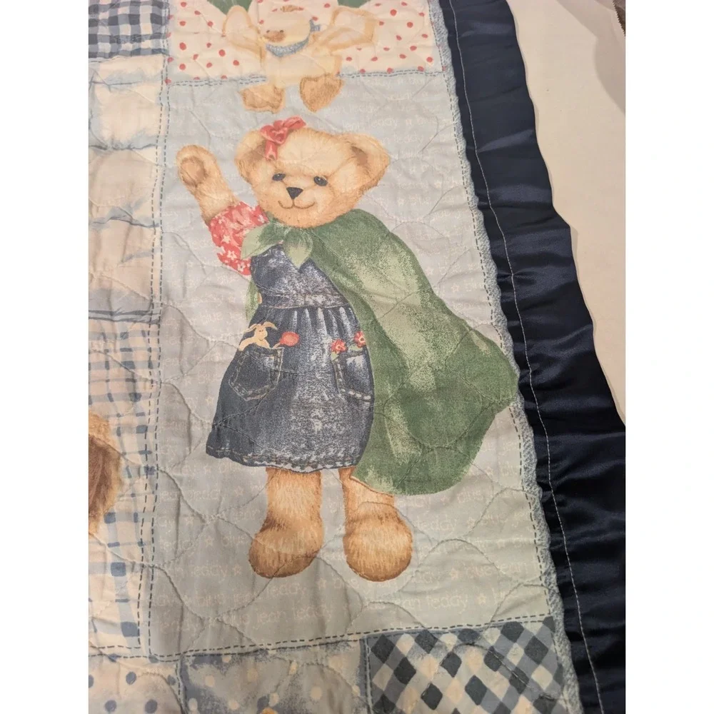 Vintage Blue Jean Teddy Bear Quilt Baby Crib Blanket 42x33 Nursery 90s